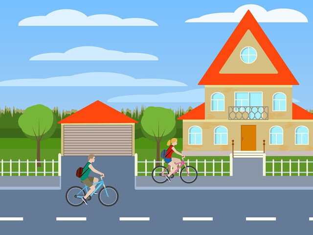 Zeichnung Straße mit Fahrradfahrern und Haus